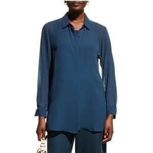 Eileen Fisher Sheer Silk Georgette Classic Collar Shirt‎ Teal M